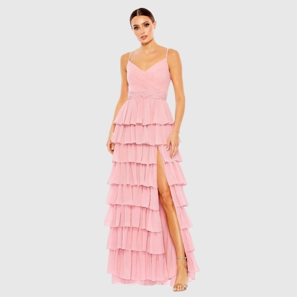 Mac Duggal 55416 NWT Pink V-Neck Sleeveless Gown with Ruffled Skirt - Picture 1 of 6